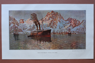 Kunst Druck Svolvaer 1909 Eduard Krause Wichmann Dampf Schiff Berge Hafen Lofoten